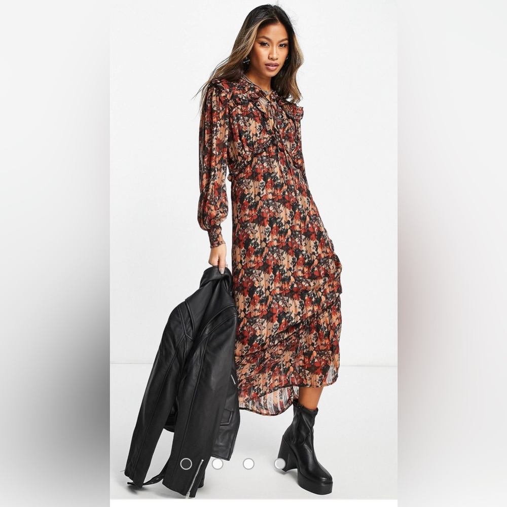Topshop autumnal floral tie front midi dress in multi size 2